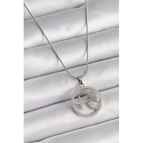 316L �elik G�m�� Renk Zincir Zirkon Ta�l� Y�ld�z Madalyon Model Kad�n Kolye