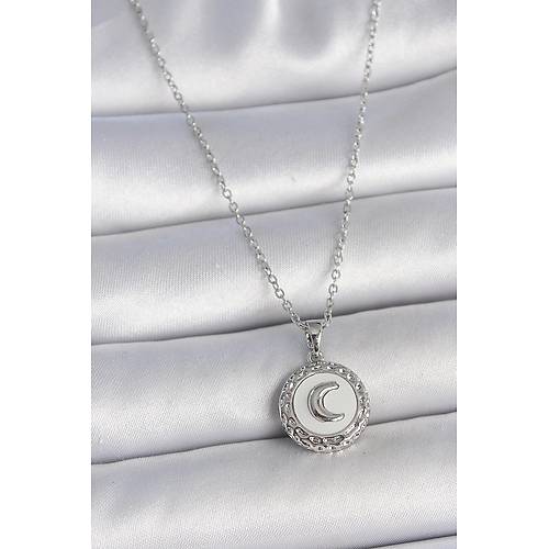 316L �elik G�m�� Renk Zincir Beyaz Mineli Hilal ��lemeli Madalyon Model Kad�n Kolye