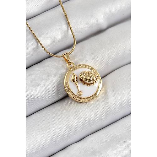 316L �elik Zincir Beyaz Mineli Sanatsal Portre �stiridye Model Gold Renk Kad�n Kolye