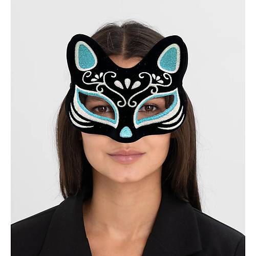Siyah Renk S�et Kaplama �zeri G�m�� Mavi Simli Kedi Maskesi 17x14 cm