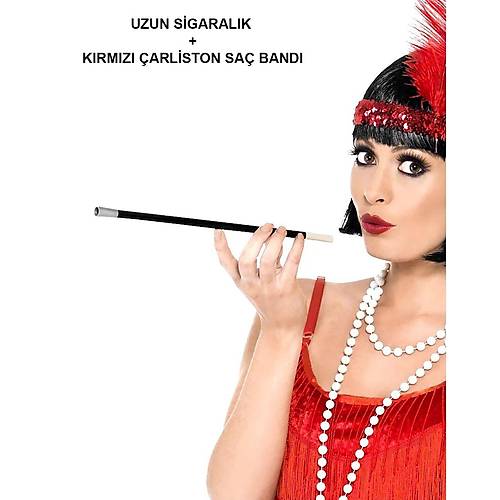 1920'ler 1990'lar Gatsby Kad�n Aksesuar Seti � K�rm�z� Charleston Sa� Band� ve Sigaral�k