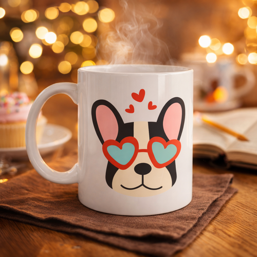 French Bulldog Desenli Kalpli G�zl�kl� Porselen Kupa Model 50 � Sevimli K�pek Tasar�ml� Kahve Kupas�