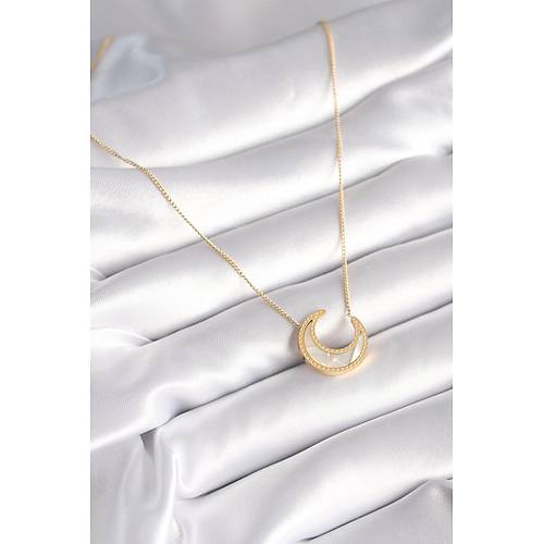 316L �elik Gold Renk Beyaz Sedefli Hilal Model Kad�n Kolye