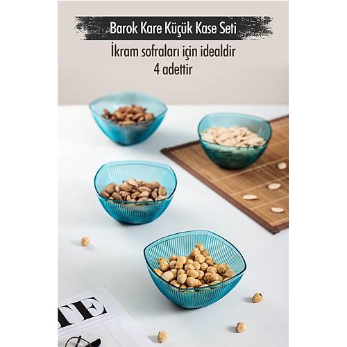 Akrilik Barok Aquamarin Kare 4'l� K���k Kase Seti & �erezlik & Sunumluk & �kraml�k (Cam De�ildir) 6038DP4