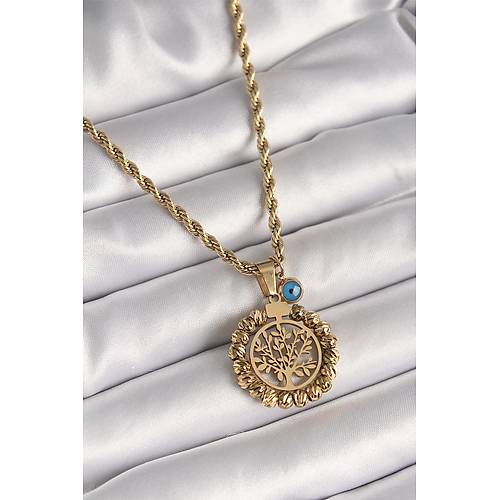 316L �elik Gold Renk Burgu Zincir Dorika Ya�am A�ac� Fig�r Nazar Boncuk Detay Kad�n Kolye