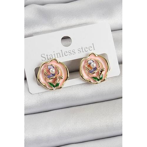 Pirin� Pembe Mineli �i�ek Fig�rl� Sanatsal Portre Model Gold Renk Kad�n K�pe