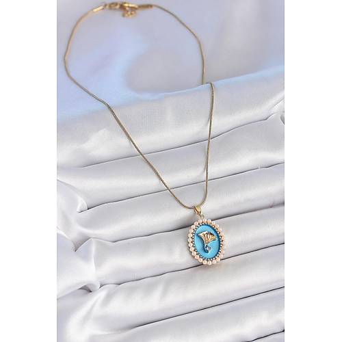 316L �elik Gold Renk Zincir Mavi Mineli �ncili Zirkon Ta�l� �i�ek ��lemeli Portre Model Kad�n Kolye