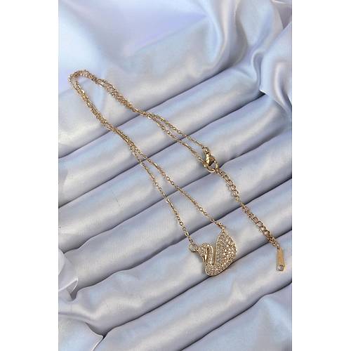 316L �elik Zincir Alt�n Renk Zirkon Ta�l� Ku�u Kolye