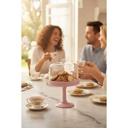 Soft Pembe Akrilik Ayakl� Kurabiyelik & Kapakl� Sunum Stand� - 2 Par�a