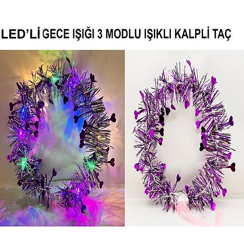 Kalp P�sk�ll� Gece Par�lt�s� 3 Modlu LED'li I��kl� Ta� Mor Renk