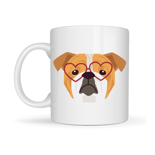Kalpli G�zl�kl� �ngiliz Bulldog Tasar�ml� Porselen Kupa Model 52 � Sevimli K�pek Desenli Kahve & �ay Kupas�
