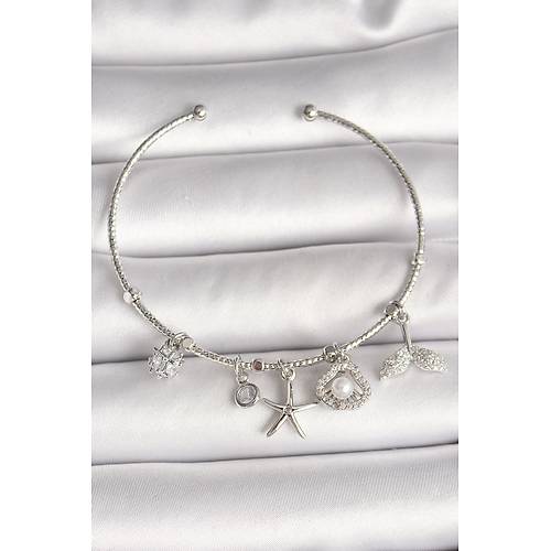 Pirin� G�m�� Renk Sallant� Zirkon Ta�l� Deniz Y�ld�z Fig�r Bal�k Kuyru�u Detay Charm Kad�n Bileklik