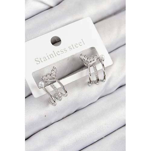 Pirin� Zirkon Ta�l� �nci Detayl� Bal�k Kuyru�u Model G�m�� Renk Kad�n K�pe