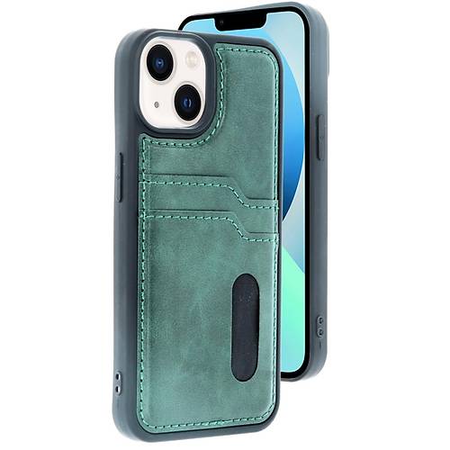 iPhone 14 K�l�f Sara Kartvizitli Deri K�l�f - Koyu Ye�il