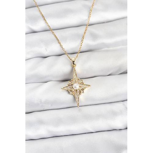 316L �elik Zincir Gold Renk Kutup Y�ld�z� Model Zirkon Ta�l� Kad�n Kolye