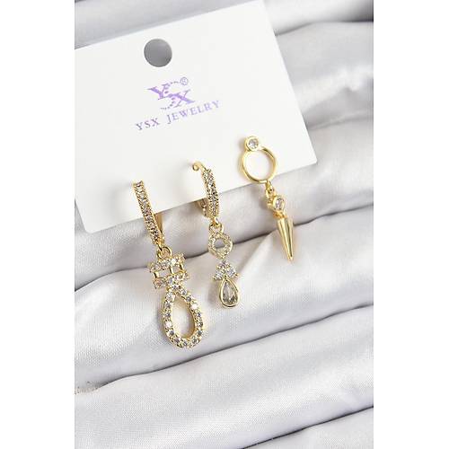 Pirin� Z�rkon Ta�l� Sallant�l� Model Gold Renk 3'l� Kad�n K�pe