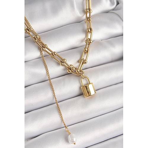 316L �elik Gold Renk Tifany Zincir Model Kilit Fig�r Sallant� �nci Detay Kad�n Kolye