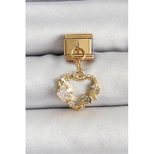 316L �elik Sallant�l� Zirkon Ta�l� Kalp Model Gold Renk Nomination Charm