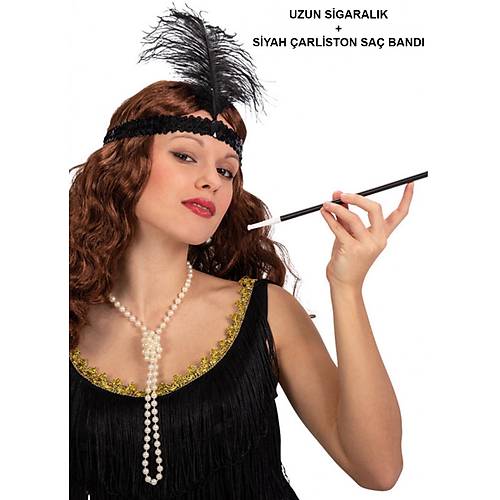 1920'ler Gatsby Aksesuar Seti � Siyah Charleston Sa� Band� & Sigaral�k