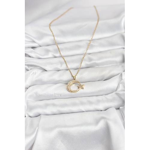 316L �elik Zincir Gold Renk Ay Y�ld�z Model Zirkon Ta�l� Kad�n Kolye