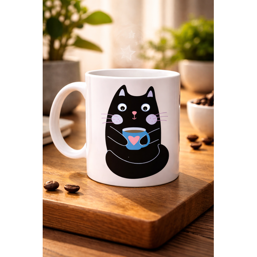 Sevimli Siyah Kedi Bask�l� Porselen Kupa MODEL 198 � Kahve ��en Kedi Tasar�ml� Kupa Bardak � Kahve Severlere E�lenceli Hediye Kupa