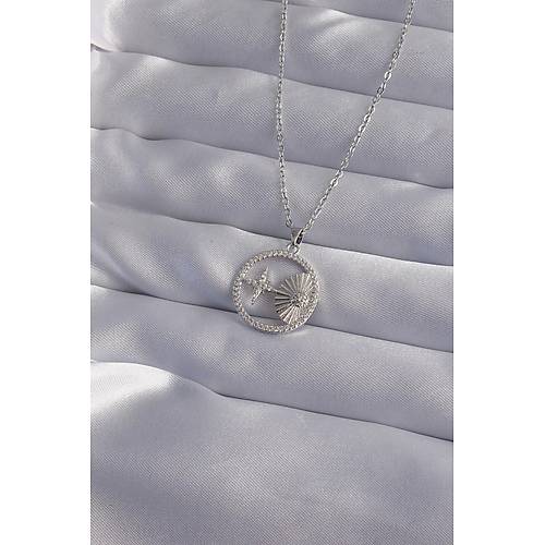 316L �elik Zincir G�m�� Renk Zirkon Ta�l� Y�ld�z Fig�rl� Oval Kolye