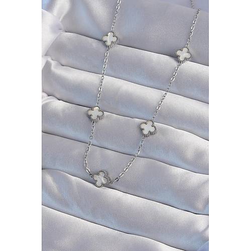 316L �elik G�m�� Renk Minimal Beyaz Sedefli Yonca Kolye