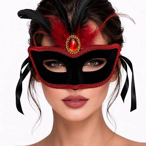 L�ks K�rm�z� Ta�l� T�yl� Kadife Tasar�ml� Karnaval Maskesi