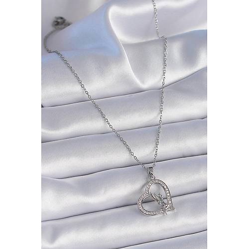 316L �elik Zincir G�m�� Renk Zirkon Ta�l� Kalp Model Melek Detay Kad�n Kolye