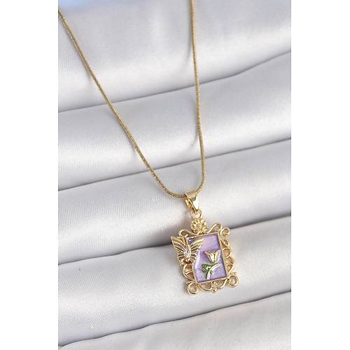 316L �elik Gold Renk Zincir Mor Mineli �i�ek ��lemeli Zirkon Ta�l� Kelebek Detay Portre Model Kad�n Kolye