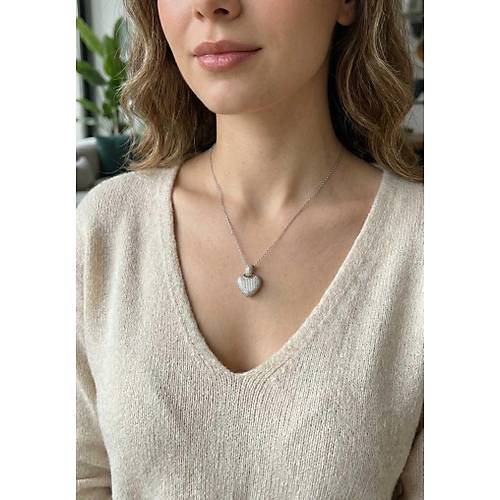 316L �elik Zincir G�m�� Renk Zirkon Ta�l� Kalpli Kad�n Kolye