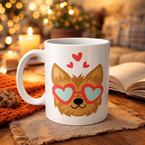 Sevimli Yorkshire Terrier Tasar�ml� Porselen Kupa Model 49 � Kalpli G�zl�kl� K�pek Desenli, Hediye Kupas�