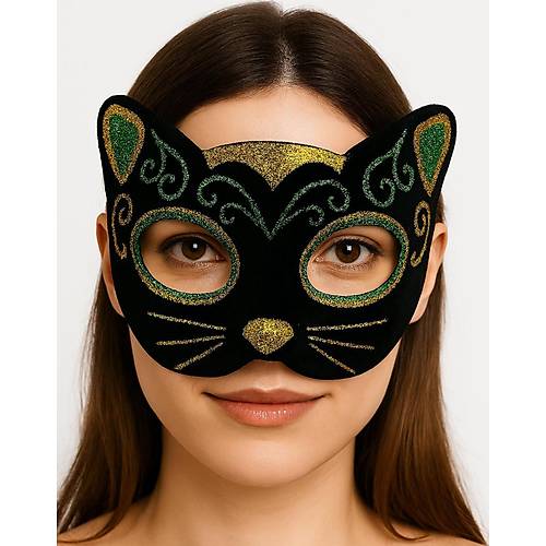 Siyah Kadife Kaplama �zeri Sar� Ye�il Sim ��lemeli Kedi Maskesi 20x13 cm