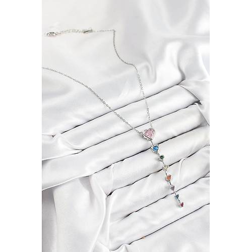 Pirin� Renkli Zirkon Ta�l� Kalp Model G�m�� Renk Kad�n Y Kolye