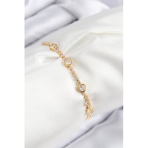 Pirin� Zirkon Ta�l� Daire Model Gold Renk Asans�rl� Kad�n Bileklik