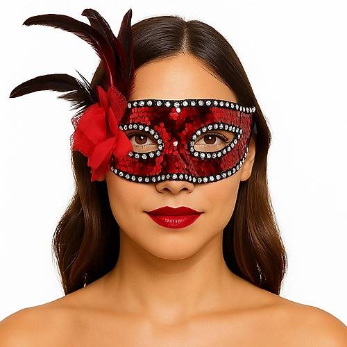 K�rm�z� Renk Yandan T�yl� G�ll� G�m�� Ta�l� Pullu Maske 20x22 cm