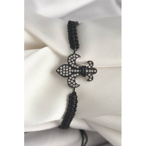 Pirin� Siyah Renk Zirkon Ta�l� Zambak Fig�r Asans�rl� Makrome Model Kad�n Bileklik