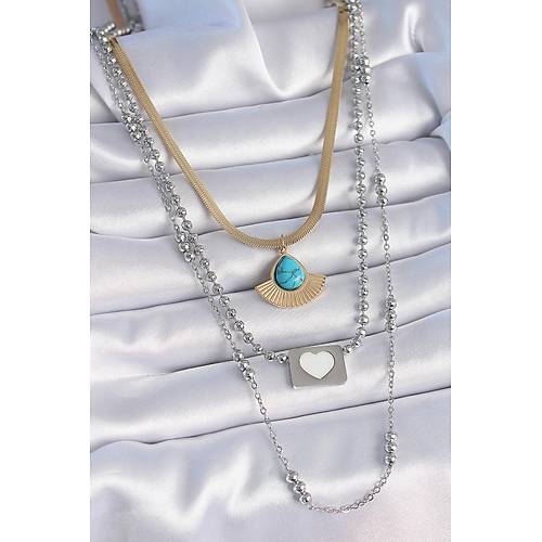 316L �elik Mix Renk 3'l� Zincir Damla Madalyon Fig�r Uzun Kad�n Kolye