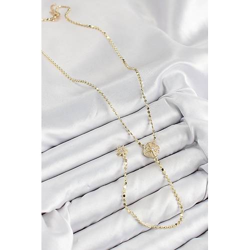 Pirin� Zirkon Ta�l� Ezme Zincirli Madalyon Model Gold Renk Y Kolye