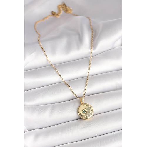 316L �elik Gold Renk Zincir Zirkon Ta� ��lemeli Hilal Y�ld�z ��lemeli Madalyon Model Kad�n Kolye