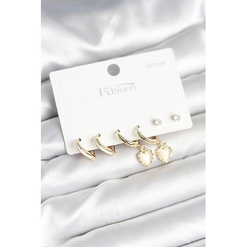 Pirin� Gold Renk Kalp Detayl� 925 Ayar G�m�� �ivili Kad�n K�pe Seti