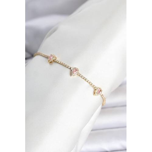 Pirin� Gold Renk Pembe Damla Ta� Detayl� Kad�n Su Yolu Bileklik