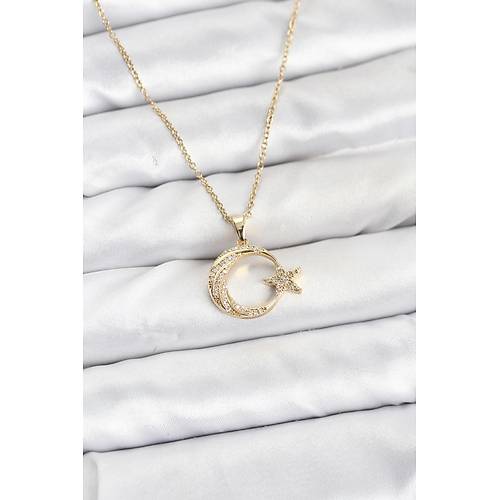 316L �elik Zincir Gold Renk Ay Y�ld�z Model Zirkon Ta�l� Kad�n Kolye