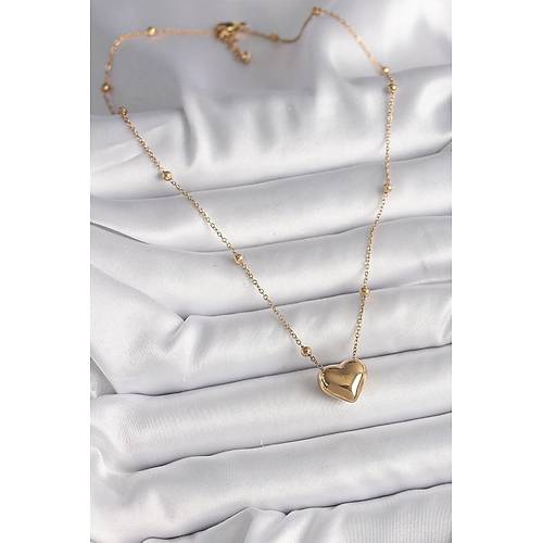 316L �elik Gold Renk Top�uk Detayl� Zincir Kalp Model Kad�n Kolye