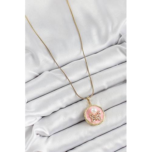 316L �elik Zincir Zirkon Ta�l� Pembe Sanatsal Portre �nci Detayl� Kelebek Model Gold Renk Kad�n Kolye