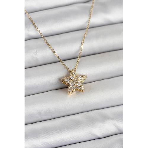 316L �elik Zincir Gold Renk Zirkon Ta�l� Y�ld�z Model Kad�n Kolye