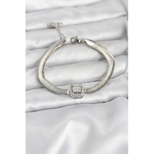 316L �elik G�m�� Renk Baget Zirkon Ta�l� Y�lan Zincirli Kad�n Bileklik