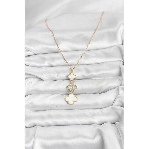316L �elik Zincir Gold Renk Yonca Detayl� Zirkon Ta�l� Kad�n Kolye