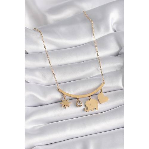 316L �elik Gold Renk Fil Fig�r Zirkon Ta� Detay Kad�n Kolye
