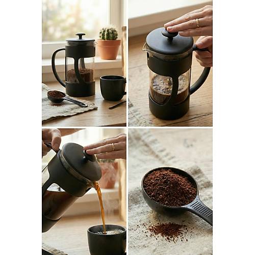 350 ml Borosilikat Cam French Press & Siyah Modern Kahve Ve Bitki �ay� Demleme Gereci